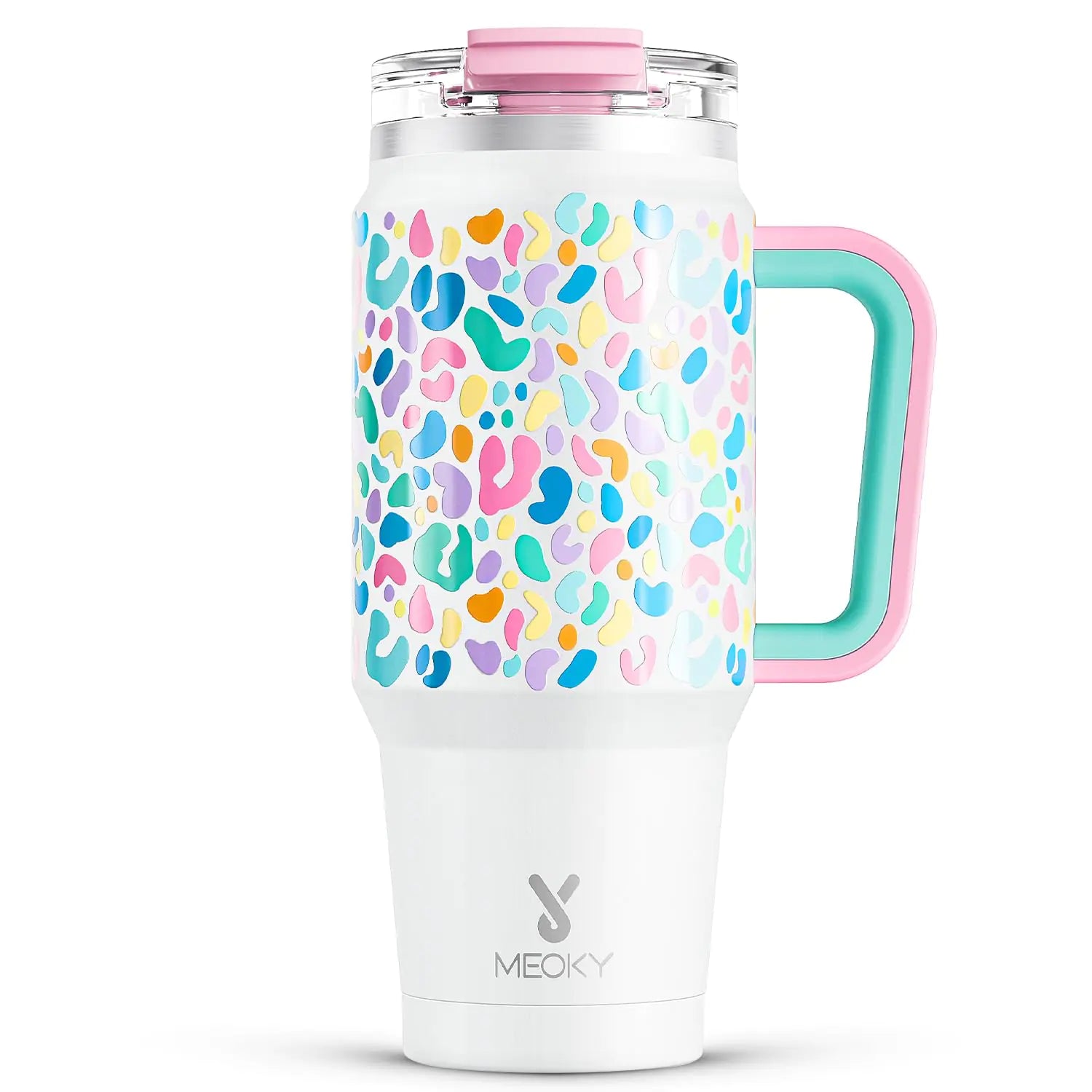 Meoky 32 oz Tumbler with Handle Insulated Tumbler with Lid and Straw Stainless Steel Travel Mug Keeps Cold for 24 Hours 100% Leak Proof Fits in Car Cup Holder (Leopard)